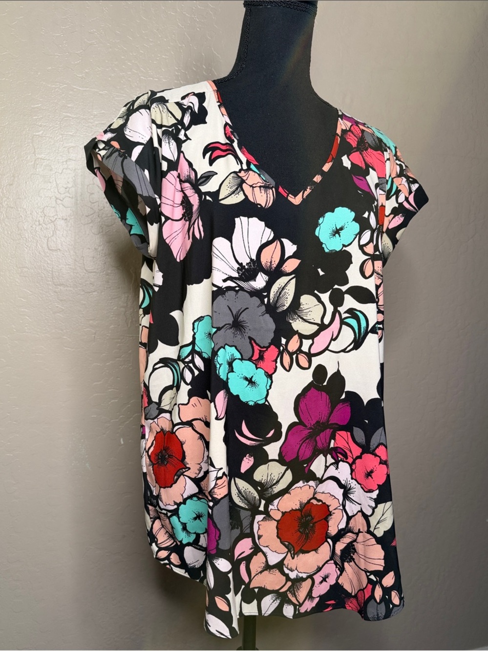 Express Floral V-Neck Blouse in Black with Pink, Teal & Coral Accents